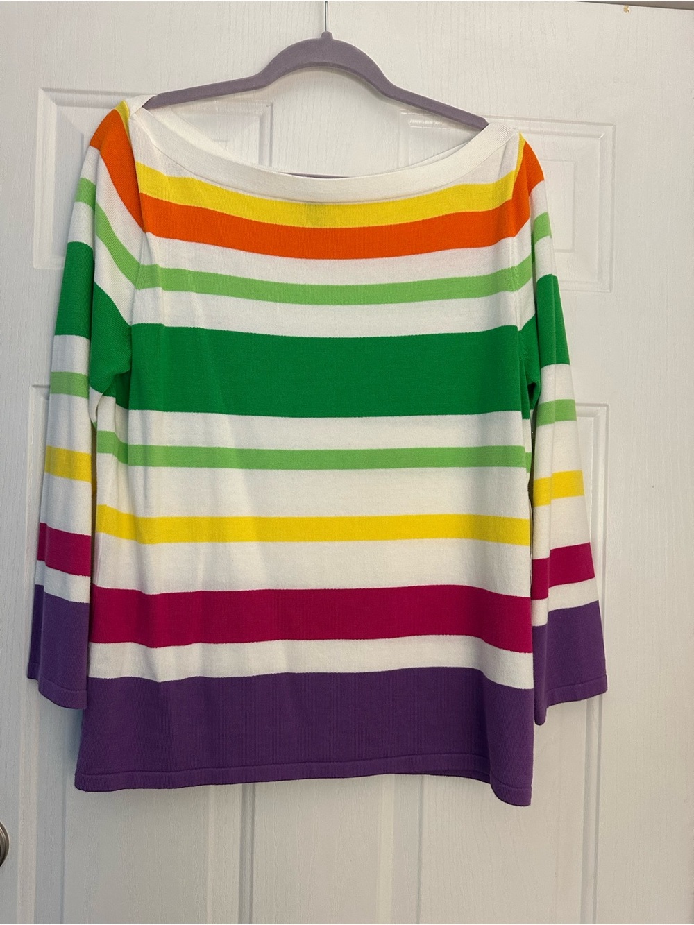 Lauren Ralph Lauren Rainbow Striped Boat Neck Knit Top 3/4 Sleeve Size XL NWT